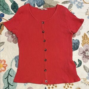 Faux Button-Down Red Top